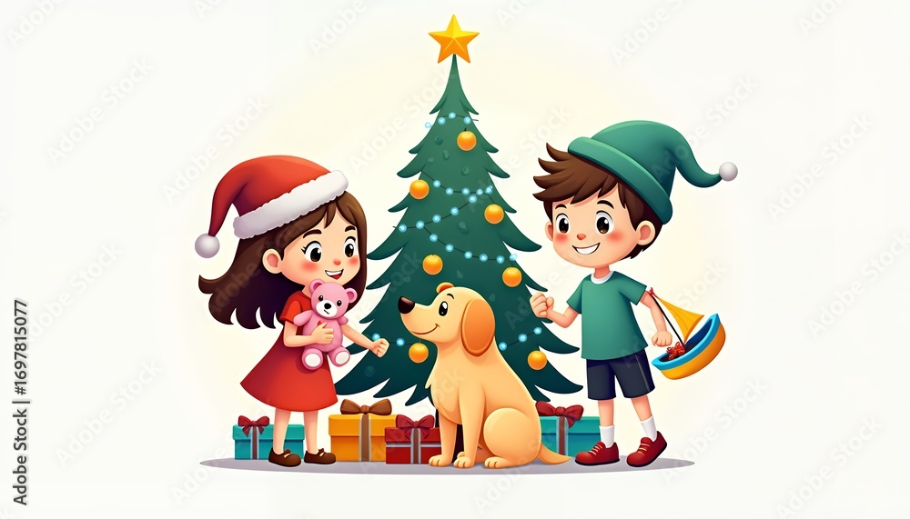 Naklejka premium Children dog Christmas tree gifts festive celebration holiday girl