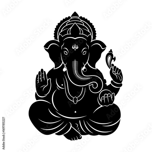 A black silhouette illustration of the Hindu god Ganesha seated in a traditional meditative posture.