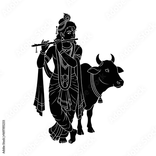 A graphic illustration of the Hindu deity Lord Krishna playing his flute while standing next to a sacred cow.