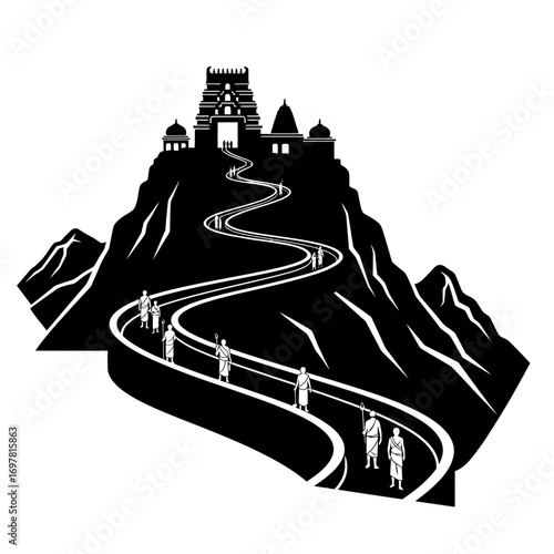 Stylized illustration of a winding path leading up a mountain to a prominent temple structure, with figures making a pilgrimage.