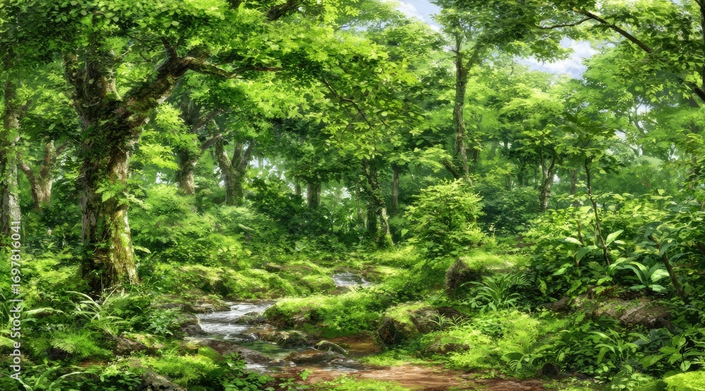 Obraz premium Lush forest scene with flowing creek