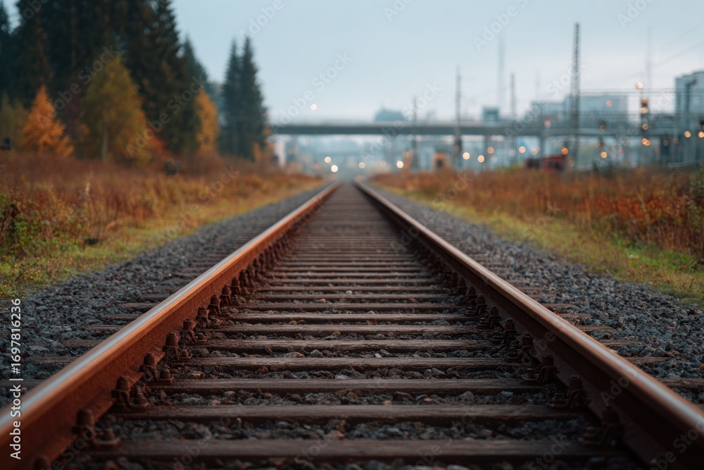 Fototapeta premium Rails stretch into distance, framed by autumn foliage and urban
