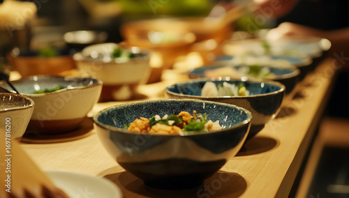 bowl of food lined up on wooden counter