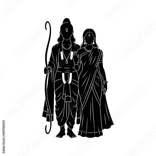 Silhouette of Lord Rama holding a bow and arrow, standing beside Sita, depicted in traditional Indian attire.