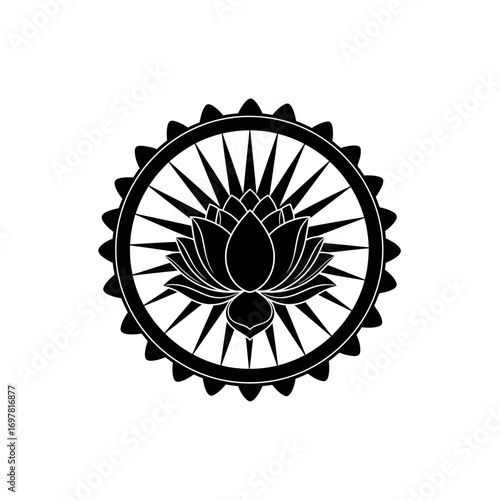 Stylized black lotus flower within a sunburst-like circular frame.
