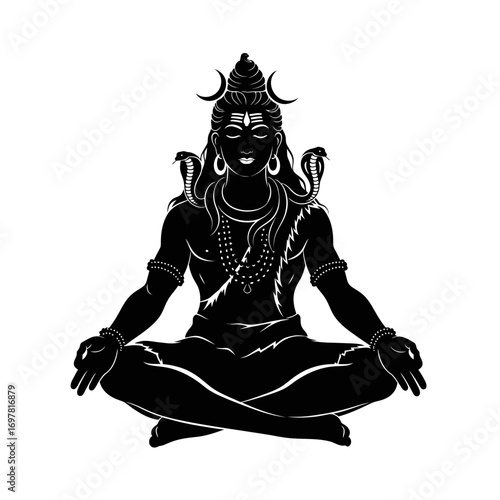 A black and white illustration of the Hindu god Shiva meditating in a lotus pose with a third eye and serpents.