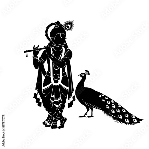 A black silhouette of the Hindu god Krishna playing a flute, standing beside a peacock.