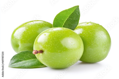 Wallpaper Mural Three vibrant green olives, glistening with water droplets, rest on a white background, with fresh leaves adding a touch of nature Torontodigital.ca