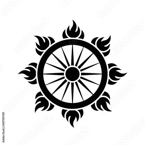 A black silhouette of the Buddhist Wheel of Dharma, a twelve-spoked Dharmachakra surrounded by eight stylized flames.