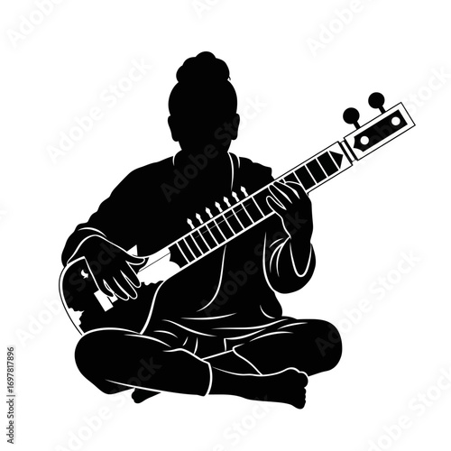 A minimalist black silhouette depicts a musician seated cross-legged, skillfully playing a traditional sitar.