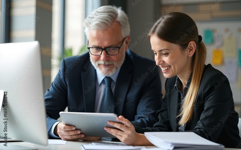 Fototapeta premium Mature senior leader man in suit and young employee woman working together on project on tablet pad device in office. Team of two colleagues of professional business people using computer. Vertical