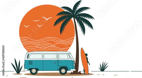 Retro Beach Vacation: Vintage Surf Van, Palm Tree & Surfboard at Sunset, Summer Travel & Adventure Illustration