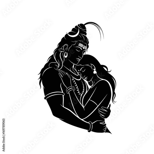 Black and white illustration depicting Shiva embracing Parvati in a loving and devotional pose, showcasing Hindu deities.