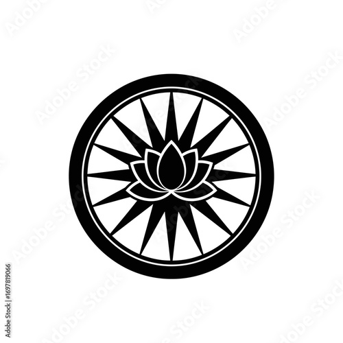 Black and white graphic of a lotus flower inside a wheel with radiating spokes, centered on a white background.