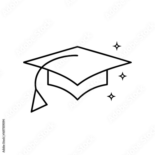 Graduation cap with tassel and star outline on transparent background