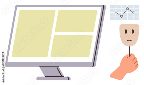 Computer monitor displaying data or analytics, mask held by hand signifying anonymity, and chart for trends. Ideal for privacy, cybersecurity, technology, data analysis, digital identity
