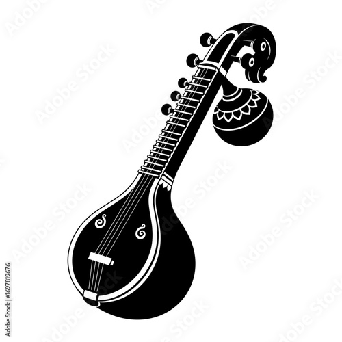 Silhouette of a South Indian string instrument, the Veena, with intricate decorative elements.
