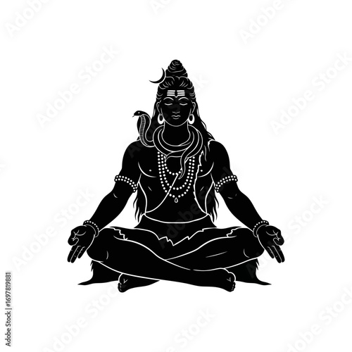 Serene black silhouette of Lord Shiva in meditative yoga posture, adorned with sacred jewelry and a cobra.