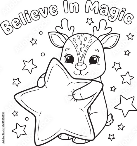 Adorable reindeer clutching a star amidst twinkling celestial bodies, ready for coloring with transparent background