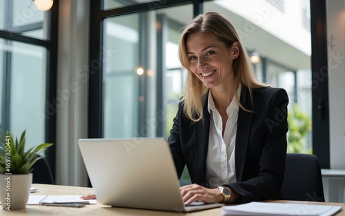 Smiling middle aged business woman using laptop at work in office. Professional female executive entrepreneur in suit working on computer pc at company workplace, doing financial analyze. Copy space