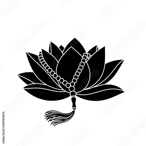 A spiritual graphic of a black lotus flower silhouette adorned with traditional mala prayer beads.