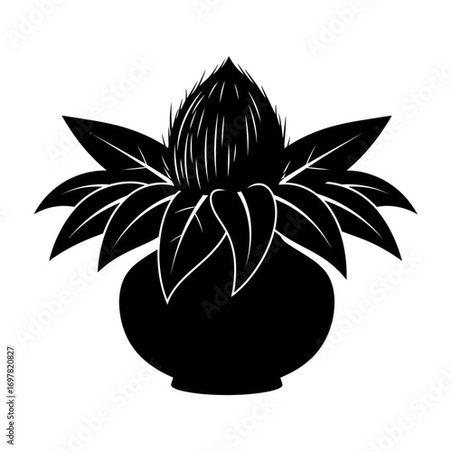A black silhouette of a traditional Hindu Purna Kalasha, a sacred pot with a coconut and mango leaves.