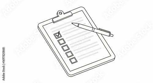 Isometric Line Icon: Clipboard with Checklist and Pen. Flat vector illustration for survey, to-do list and project management.