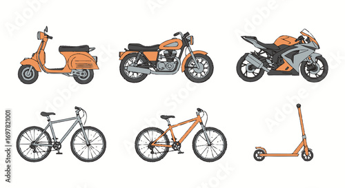 A collection of six different types of vehicles including a scooter, two motorcycles, two bicycles, and a kick scooter, presented in a row on a white background.