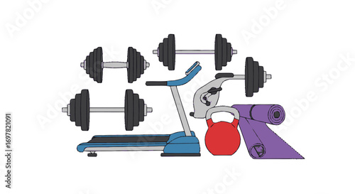 An assortment of fitness equipment including dumbbells, treadmill, exercise bike, kettlebell, and yoga mat arranged on a white background.
