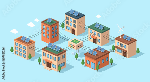 Isometric flat icon set: renewable energy grid with houses using solar panels and wind turbine connected to power distribution hub.