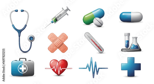Flat icon set of medical tools and healthcare elements: stethoscope, syringe, pills, thermometer, and first aid