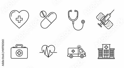 Health care line icons: Stethoscope, heart, ambulance, medicine, flat minimalist icons.
