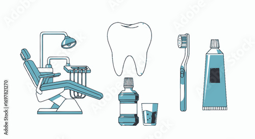 Illustration of dental care items including a dentist chair, tooth, mouthwash, toothbrush, and toothpaste on a white background.