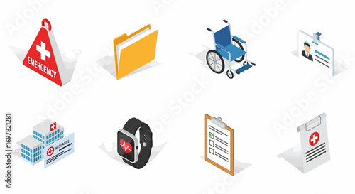 Isometric flat icon set: Medical equipment and healthcare items including first aid and patient care elements