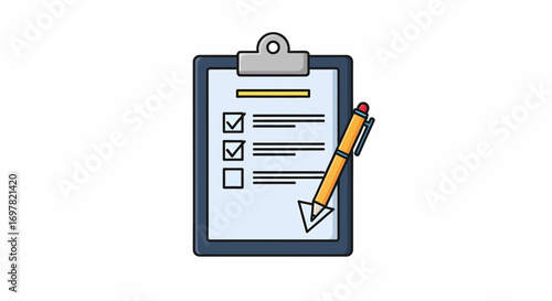 Flat icon of clipboard checklist with pen: survey, tasks list, quality control in line style