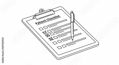 Isometric Icon: Patient Checklist with Pen, Line Art