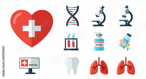 Healthcare and medical science flat icon set: heart, DNA, microscope, vaccine, tooth, lungs.