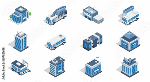 Isometric city icon set: buildings and public transport in flat design style