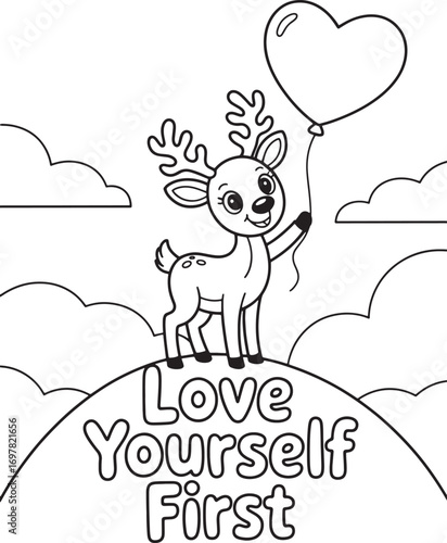 Cartoon reindeer stands on a hill holding a heart balloon with clouds around it