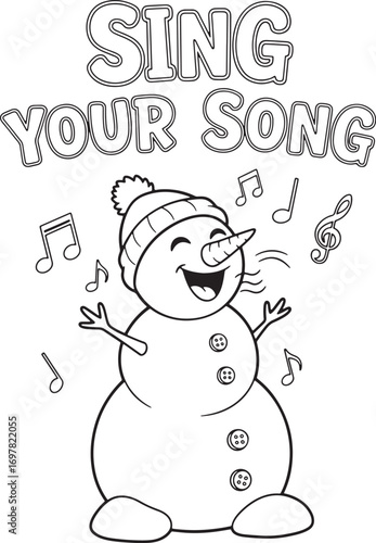 Cartoon snowman in winter hat cheerfully sings a song among musical notes against white