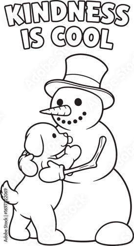 Cartoon snowman wearing top hat hugs puppy with Kindness is Cool text above