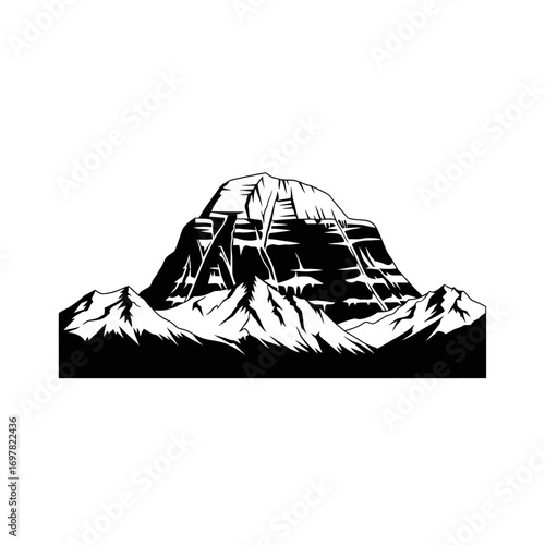 A black and white vector illustration of a majestic mountain range with a prominent peak, showcasing detailed shading and rugged terrain.