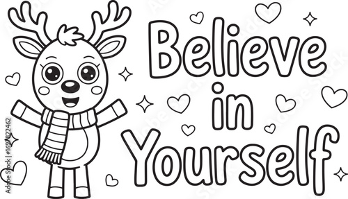 Cheerful deer wearing a scarf happily encourages viewers to believe in themselves for coloring with transparent background