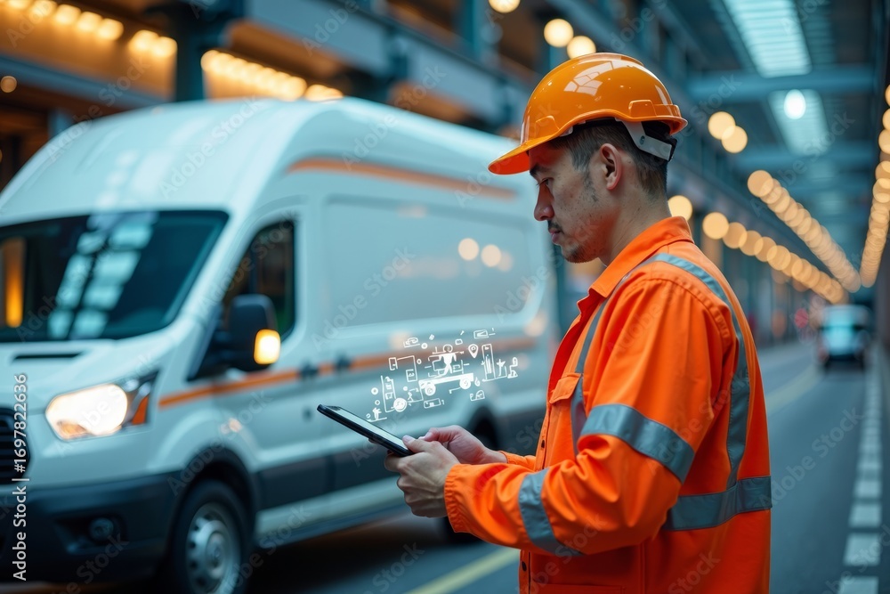 Obraz premium Service Worker in Vibrant Uniform Uses Holographic Tablet in Futuristic Delivery Scene