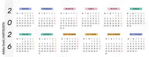2026 yearly calendar in Spanish language, horizontal design with modern colorful month headers. Printable wall or desk planner for home, office, school, productivity, and personal organization. Vector