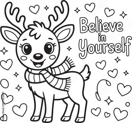Cute reindeer wearing scarf stands with a motivational quote and hearts is on transparent background