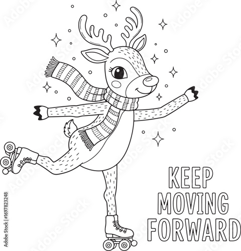Cute reindeer with scarf practices roller skating alongside inspirational saying within a transparent backdrop