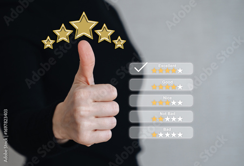 Person giving a thumbs up with a feedback checklist, symbolizing excellent rating and positive feedback