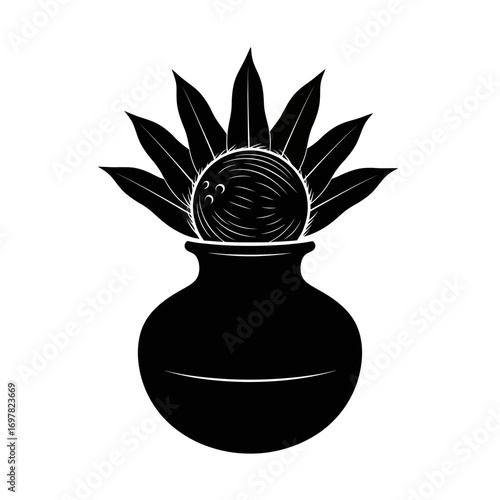 A black silhouette of a traditional Hindu Purna-Kalasha, a sacred pot with a coconut and mango leaves.