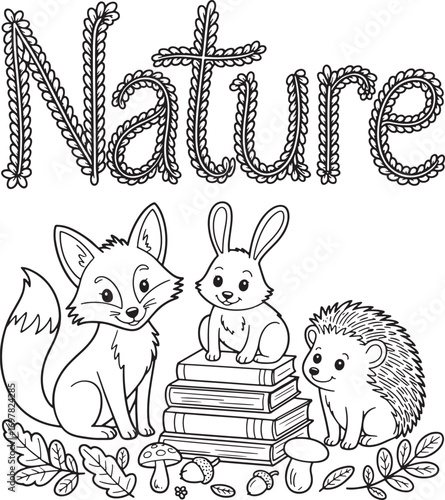 Fox, rabbit and hedgehog gather around books under the foliagestyled word nature